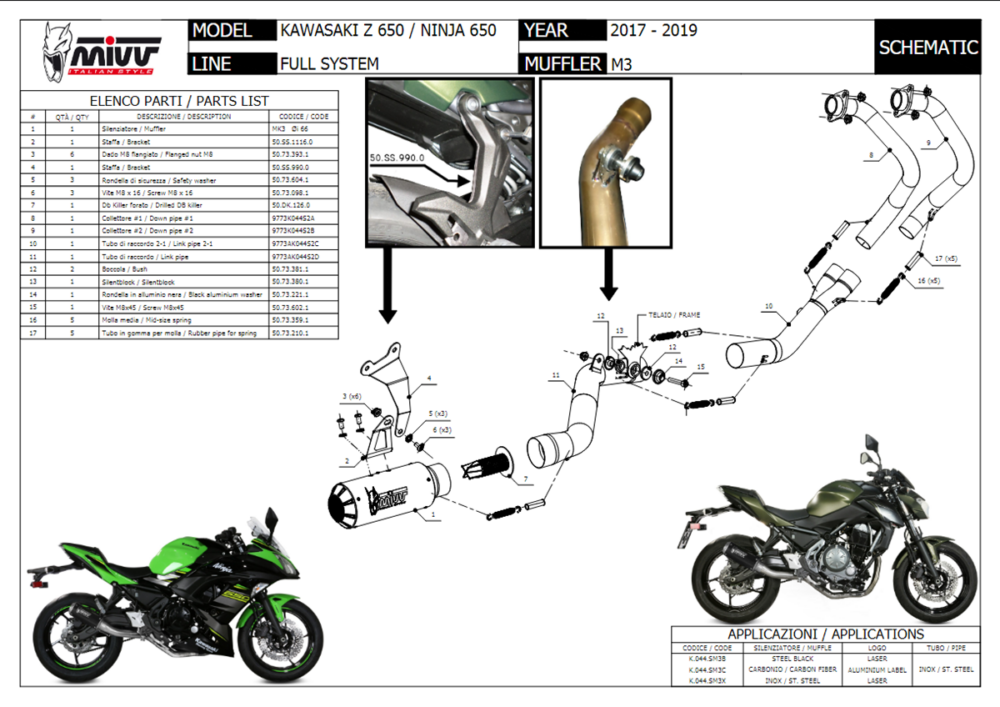 MIVV Ολόσωμη εξάτμιση (Full System) MK3 Black Kawasaki Z650 / Ninja 650 2017-2023 (K.044.SM3B)