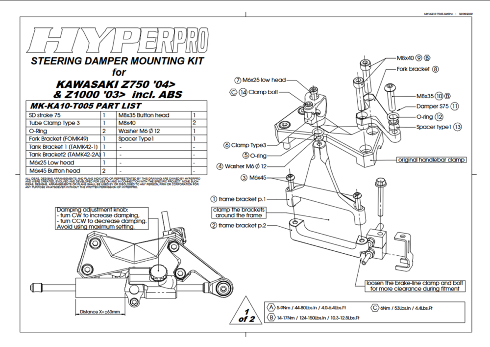 Hyperpro CSC Steering Damper Kit Top Mount για Kawasaki Z750 2003-2012 & Z1000 2003-2009 (Μαύρη Βάση) - Image 3